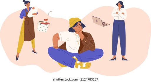 Mujer eligiendo entre carrera y familia. Concepto de equilibrio de vida laboral. Elección, comparación de negocios, trabajo y ama de casa madre con hijo, bebé. Ilustración vectorial plana aislada en fondo blanco