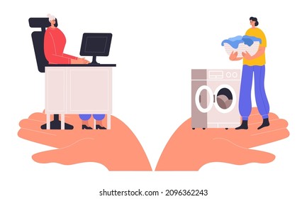 Woman choosing between career and marriage, housewife concept. Female character decide between professional success and family vector illustration. Woman life dilemma, difficult decision