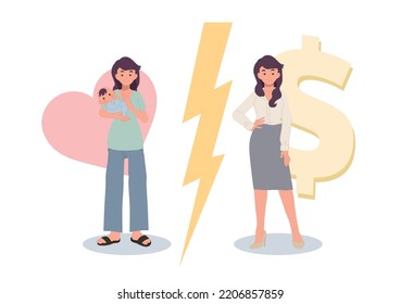 Woman Choosing Between Career And Parenthood Concept. Vector Illustration.