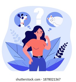 Woman choosing between cat and dog. Thought bubble, choice, dilemma flat vector illustration. Pet adoption, domestic animal concept for banner, website design or landing web page