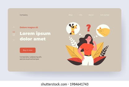 Woman choosing between cat and dog. Thought bubble, choice, dilemma flat vector illustration. Pet adoption, domestic animal concept for banner, website design or landing web page