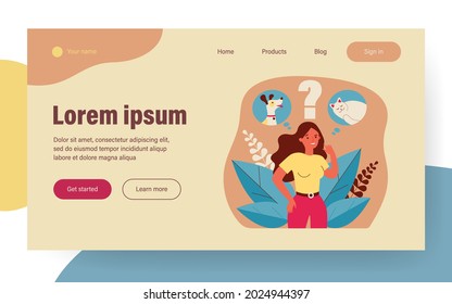 Woman choosing between cat and dog. Thought bubble, choice, dilemma flat vector illustration. Pet adoption, domestic animal concept for banner, website design or landing web page
