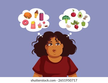 
Woman Choosing Between Eating Healthy and Unhealthy Vector Cartoon. Person deciding to follow a nutritional plan including vegetables and fruits or junk food
