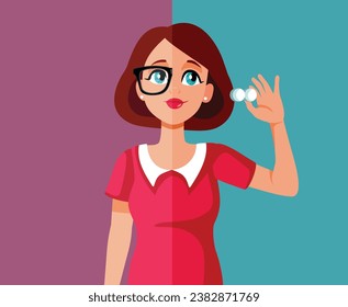 
Woman Choosing Between Eyeglass and Contact Lenses Vector Character. Patient in need of vision correction comparing alternative solutions
