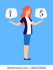 Woman choosing between family and career. Successful female makes responsible choose. Business and parent life balance vector concept