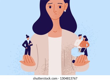 Woman choosing between family or parent responsibilities and career or professional success. Difficult choice, life dilemma, search of balance, decision making. Flat cartoon vector illustration.