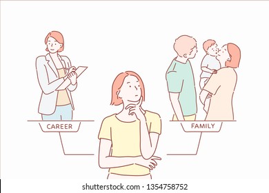 Woman choosing between family or parent responsibilities and career or professional success. Hand drawn style vector design illustrations.