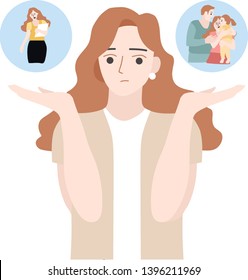 Woman choosing between family or parent responsibilities and career or professional success. Difficult choice, life dilemma, search of balance, decision making. Flat cartoon vector illustration.