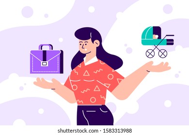 Woman choosing between family or parent responsibilities and career or professional success. Difficult choice, life dilemma, search of balance, decision making. Modern flat cartoon vector illustration