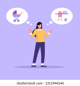 Woman choosing between family or parenting and career or professional success. Difficult choice, young business woman in formal clothes spreading her arms, decision making. Flat cartoon vector.