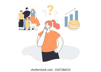 Woman choosing between family and success in work. Girl with dilemma and question marks above head flat vector illustration. Life choice concept for banner, website design or landing web page