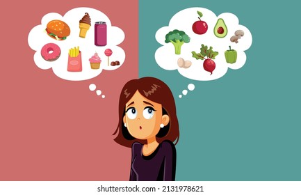 
Ilustración vectorial de hábitos alimentarios saludables entre la comida rápida y la comida saludable. Niña indecisa haciendo un plan de comidas pensando en qué comer
