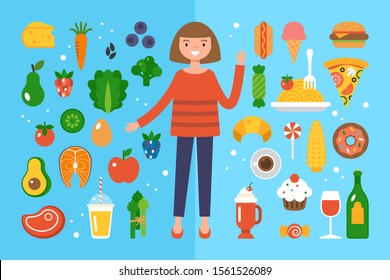 Woman choosing between healthy food and junk food. Healthy eating and dieting concept.