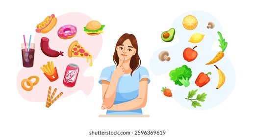 Woman choosing between healthy and harmful food options. Vector illustration