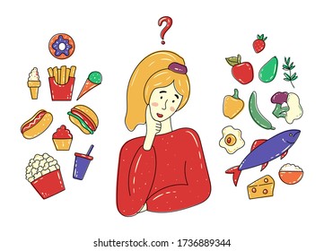 Woman choosing between healthy and junk / unhealthy food concept. Fish, cheese, fruits, vegetables vs popcorn, sweets, burgers. Fastfood vs balanced menu comparison vector.  Diet and healthy lifestyle