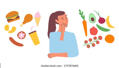 Woman Choosing Between Healthy And Junk Food. Choice Concept Flat Vector Stock Illustration. Fastfood And Sweets Vs Vegitables And Fruits Comparison. Isolated Clipart. Girl On A Diet.