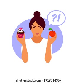 Woman Choosing Between Healthy Meal And Unhealthy Food. Lifestyle And Nutrition Concept. Vector Illustration For Good Vs Bad Diet, Lifestyle, Eating Concepts. Flat Illustration.