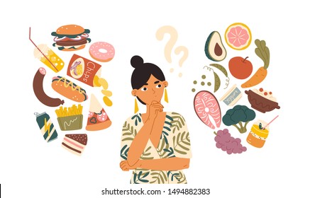 Woman choosing between healthy and unhealthy food concept flat vector illustration. Fastfood vs balanced menu comparison isolated clipart. Female cartoon character dieting and healthy eating. - Shutterstock ID 1494882383