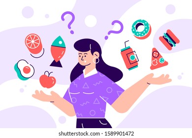 Woman choosing between healthy and unhealthy food concept flat vector illustration.Fastfood vs balanced menu comparison isolated clipart. Female flat cartoon style character dieting and healthy eating