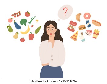 Woman choosing between healthy and unhealthy food. Organic products and fast food. Diet decision concept and nutrition.