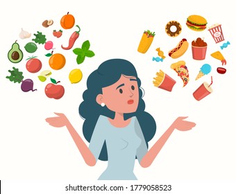 Woman Choosing Between Healthy Unhealthy Food Stock Vector (Royalty ...