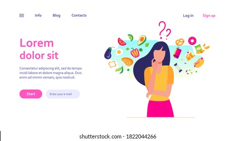 Woman choosing between healthy and unhealthy food. Character thinking over organic or junk snacks choice. Vector illustration for good vs bad diet, lifestyle, eating concepts