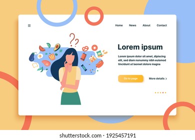Woman choosing between healthy and unhealthy food. Character thinking over organic or junk snacks choice. Vector illustration for good vs bad diet, lifestyle, eating concepts