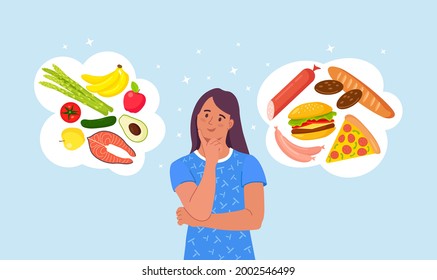 Woman choosing between healthy and unhealthy food. Fast Food and balanced menu comparison, dieting. Choice between Good and bad nutritions. Vector illustration