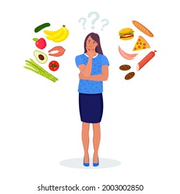 Woman choosing between healthy and unhealthy food. Fast Food and balanced menu comparison, dieting. Choice between Good and bad nutritions. Vector illustration