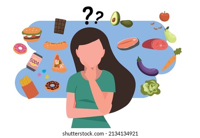 Woman choosing between healthy and unhealthy food. Character thinking about choosing organic or junk snacks. Vector illustration for good and bad diet, lifestyle, food concepts.