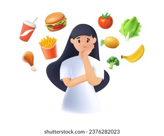 Mujer eligiendo entre el concepto de alimento saludable y el no saludable ilustración vectorial 3D plana. Comida rápida frente a comparación de menús equilibrada clipart aislado. Caricatura femenina dietética y comida saludable, 3D