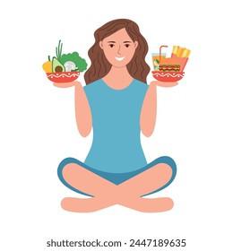 Woman choosing between healthy and unhealthy food concept. Comparison of fast food and balanced menu on a white background. Vector flat illustration, weight loss concept.