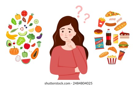 Woman choosing between healthy and unhealthy food concept flat vector illustration. Food choice.