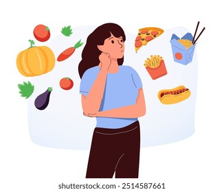 Woman choosing between healthy and unhealthy food concept flat vector illustration. Fastfood vs balanced menu comparison isolated clipart. Female cartoon character dieting and healthy eating.