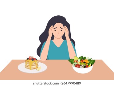 Woman choosing between healthy and unhealthy food. Fast Food and balanced menu comparison, dieting. Choice between Good and bad nutritions. Vector illustration