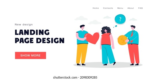 Woman choosing between love and money. Credit card, heart, wealth flat vector illustration. Relationship and happiness concept for banner, website design or landing web page