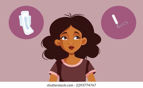 
Woman Choosing Between Menstruation Hygiene Products Vector Cartoon. Lady deciding which feminine product to use during menstrual cycle 
