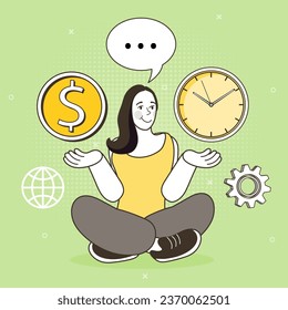 Woman are choosing between money or time. business solutions, startup, time management, planning and strategy. financing and investment. Modern vector outline illustration.