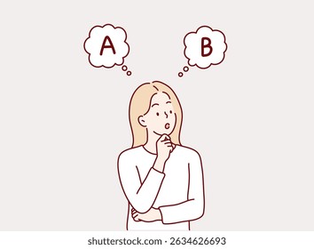 Woman Choosing Between Option A and B. Hand drawn style vector design illustrations.