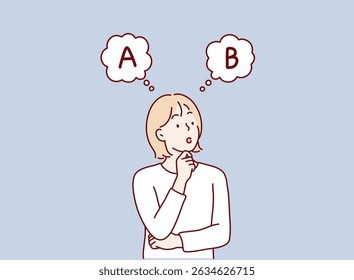 Woman Choosing Between Option A and B. Hand drawn style vector design illustrations.