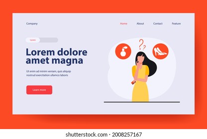 Woman choosing between perfume and shoes. Purchase, store. Flat vector illustration. Shopping concept can be used for presentations, banner, website design, landing web page