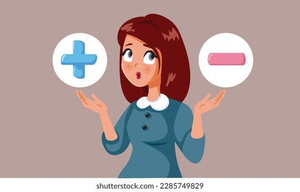 
Woman Choosing Between Pros and Cons When Deciding Vector Cartoon. Hesitating lady evaluating for and against arguments in deciding 
