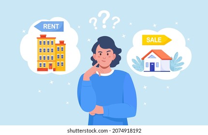 Mujer eligiendo entre alquiler y venta de propiedades. Alquilar apartamento, comprar casa. Préstamo hipotecario, inversión inmobiliaria. Elección entre la venta y la vivienda de alquiler. Compra de viviendas. Ilustración del vector