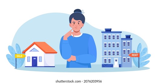 Woman choosing between rent and sell property. Rent apartment, buying house. Mortgage loan, real estate investment. Choice between selling and tenancy home. Home purchase dealing. Vector illustration