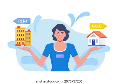 Woman choosing between rent and sell property. Rent apartment, buying house. Mortgage loan, real estate investment. Choice between selling and tenancy home. Home purchase dealing. Vector illustration