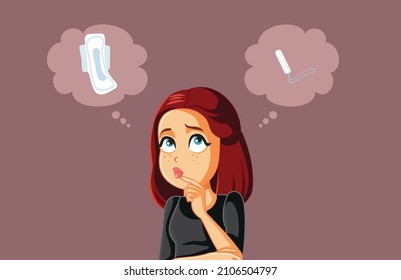 
Woman Choosing Between Sanitary Pad And Tampon Vector Cartoon. Young Girl Deciding Which Hygiene Product To Use During Menstrual Cycle Period
