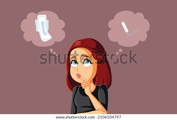 \
Woman Choosing Between Sanitary Pad and Tampon\
Vector Cartoon. Young girl deciding which hygiene product to use\
during menstrual cycle\
period\
