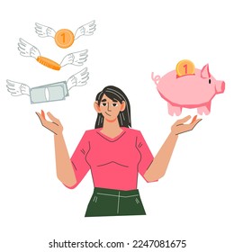 Mujer eligiendo entre gastar y ahorrar dinero, ilustración vectorial de caricatura plana aislada de fondo blanco. Gasto o ahorro, conocimientos financieros básicos y planificación presupuestaria.