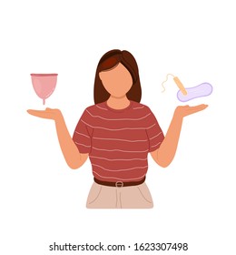 Woman choosing between two options. Vector trendy hand drawn illustration. Menstrual cup vs pad or tampon.