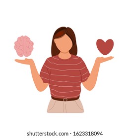 Woman choosing between two options with brain in one hand and heart in another. Vector trendy hand drawn illustration. Logic vs feelings concept. Isolated on white background.